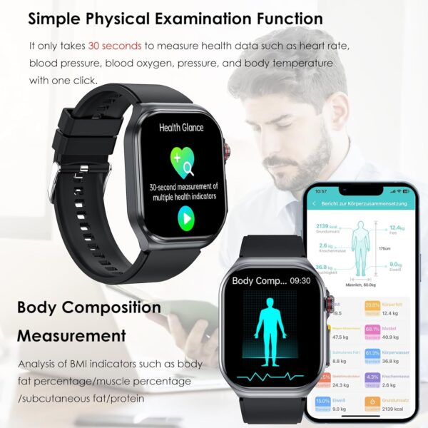YYKY 2024 ECG Reloj Inteligente con 𝐆𝐥𝐮𝐜𝐞𝐦𝐢𝐚/Ácido Úrico/Lípidos, 2.04" AMOLED Smartwatch con BMI/Fatiga/Emociones, 24/7 Temperatura Corporal, Presión Arterial, Sueño para Android iOS - Image 4