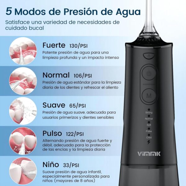 Irrigador Bucal Portatil, Vimmk Irrigador Dental Inalámbrico Profesional 8 Boquillas 5 Modos, IPX7 Impermeable 300ML USB-C Recargable Para Limpieza Dientes, Para el Hogar y los Viajes (Negro) - Image 3