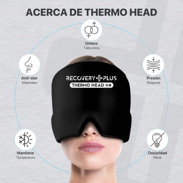 RECOVERY PLUS - Gorro Migraña con Gel Frío y Calor 360° para Alivio de Dolor de Cabeza, Sinusitis, Jaqueca, Bolsas y Ojeras | Antifaz Térmico Ajustable | Incluye Bolsa de Almacenamiento. - Image 4