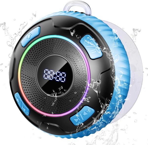 Altavoz Bluetooth, Altavoz Ducha con Ventosa, Altavoces Inalámbrico Portátil con RGB Luz Colorida, 10 Hrs Hi-Fi Estéreo, IP7 Impermeable, Manos Call Libres, USB-C Speaker para Hogar Fiesta Ducha Baño