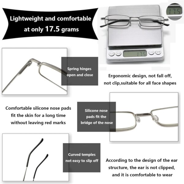 Hubeye Gafas de lectura portatiles con forma de bolígrafo de metal para hombre y mujer Anteojos de lectura con bisagras de resorte Anti luz azul con funda metal de bolsillo 1.50 - Image 4