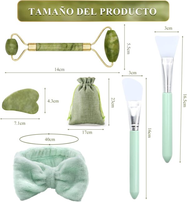 VEGCOO 6 en 1 Gua Sha Facial Rodillo de Jade, Rodillo Masaje Facial+ Guasha Facial Piedra+ Diadema+Cepillo de Mascarilla de Silicona+Bolsa, Rodillo Masaje Facial para Mujer, Aliviar las Arrugas - Image 2