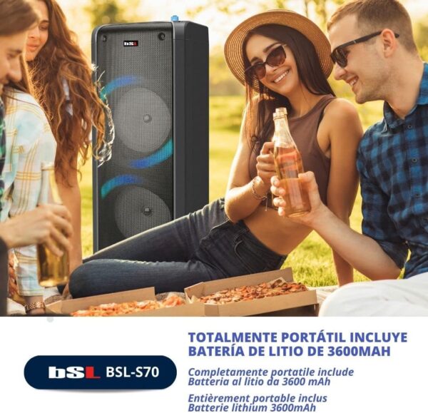 Altavoz Bluetooth BSL-S70 | 60W RMS | Bluetooth 5.0 con True Wireless | Batería de 3600 Mah | Radio FM y Reproductor MP3 vía USB-TF | Entrada Auxiliar y Doble Entrada de micrófono. Negro - Image 6
