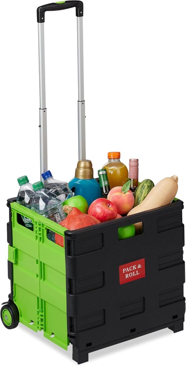 relaxdays Carrito Compra Plegable, Asa Telescópica, 2 Ruedas, Caja Transporte, hasta 35 kg, Plástico y Aluminio, Verde, Caucho, 98 x 45,5 x 37 cm