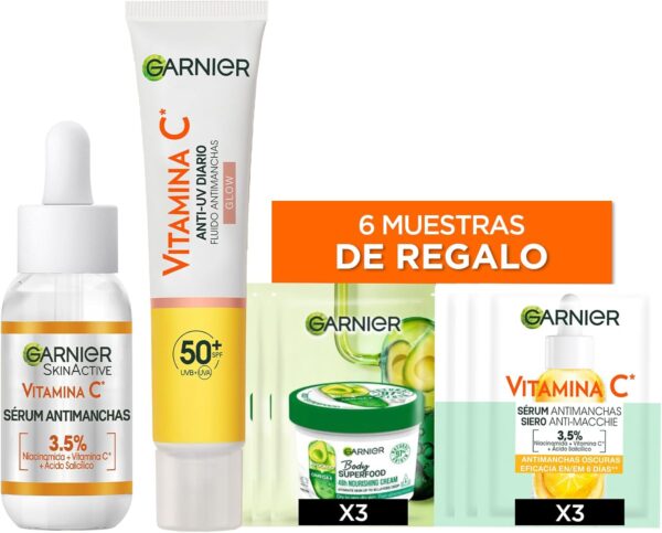 Garnier Vitamina C Pack rutina Antimanchas, Crema Fluida UV Diaria Iluminadora FPS50+ 40 ml, Garnier Sérum Anti Manchas con Vitamina C y Niacinamida 30 ml, Muestras Regalo