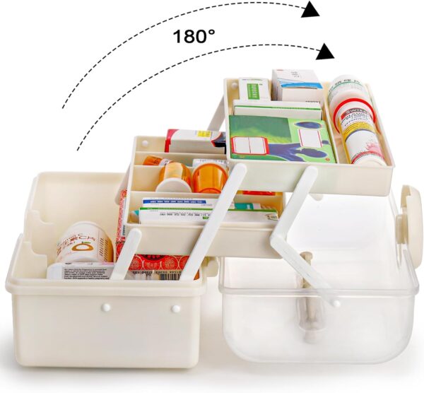 Lawei 3 capas de almacenamiento de medicamentos multiusos portátil con asa, caja médica para manualidades, organizador de suministros de costura, maletín de primeros auxilios, caja médica, blanco - Image 2