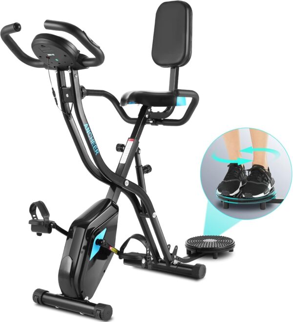 ANCHEER Bicicleta Estática Plegable Bicicleta de Ejercicio 10 Niveles de Resistencia Magnética, con App, Soporte para Tableta Capacidad de Peso:120kg (Negro (Respaldo+Giro de Cintura))