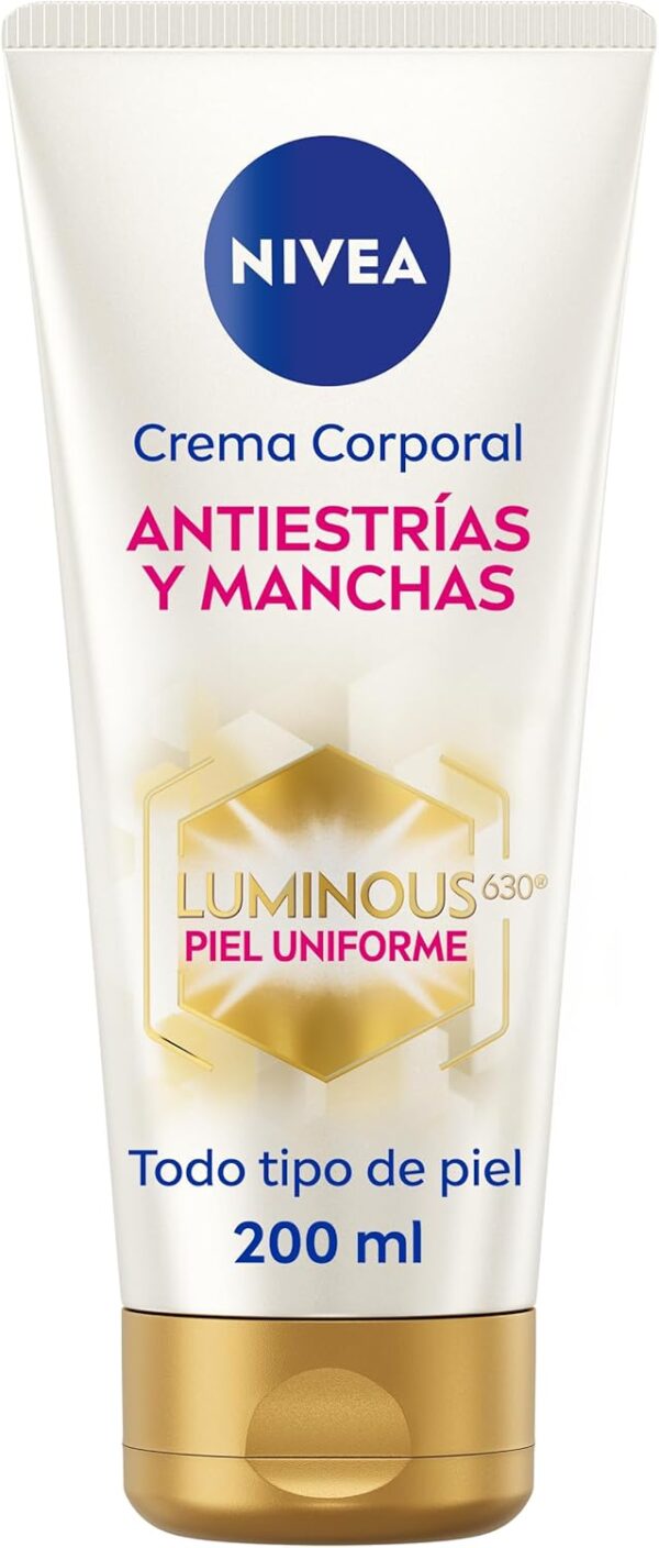 NIVEA Luminous 630 Crema corporal antiestrías y manchas (1 x 200 ml), crema Nivea antiestrías para un tono de piel uniforme, crema hidratante corporal con 48 h de hidratación.