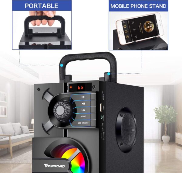 TOMPROAD Altavoz Bluetooth, portátil, caja Bluetooth con subwoofer, inalámbrico, sonido estéreo rico, altavoz para fiestas, radio FM, mando a distancia, luces LED (negro) - Image 5