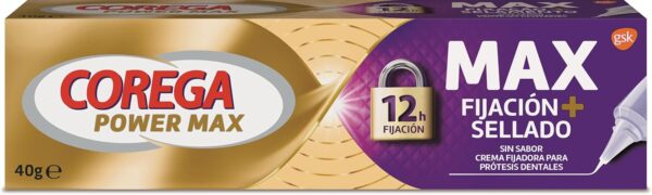 Corega Max Fijación + Sellado, Crema Fijadora para Prótesis Dentales, Hasta 12 Horas de Duración, 40 g