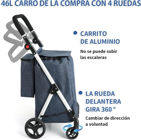 LEUYA ABC Carros de Compra, con Bolsillo para Congelados, 46L Carro de la Compra de 4 Ruedas, Carrito Compra Plegable de Aluminio (Azul) - Image 2