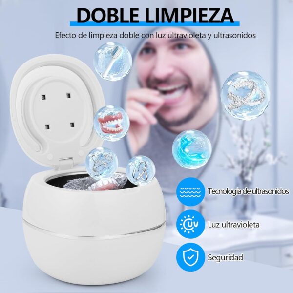 Limpiador Ultrasónico UV, 42000HZ Limpiador Ultrasonidos Dental 180ml para Dentaduras Postizas, Alineadores, Retenedores, Cabezas de Cepillos de Dientes, 30W Limpieza Ultrasónico Eficiente de 360° - Image 4