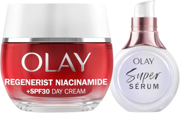Olay Niacinamida + SPF30 Crema Hidratante De Día 50ML y Súper Sérum 5 Beneficios en 1, 14ML. Pack de 2 Unidades. Piel Más Firme Y Hidratada