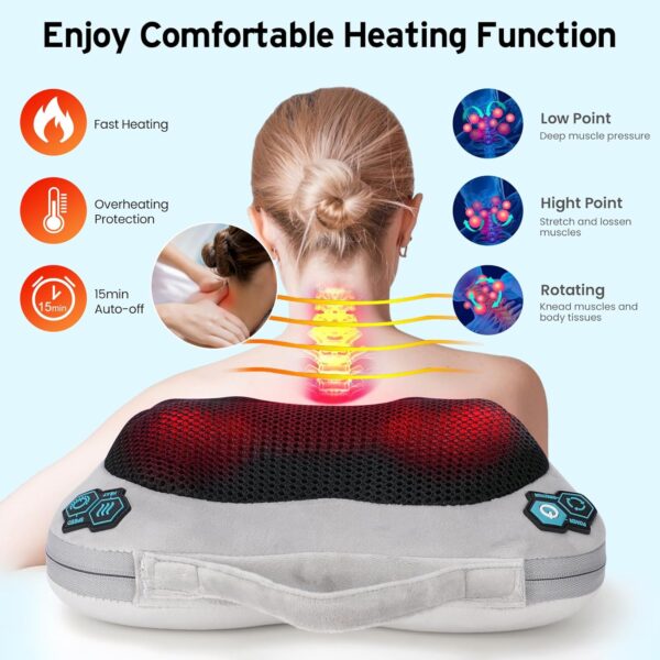 Cojín de Masaje Shiatsu Masajeador de Cuello, Eléctrico Masajeador Espalda y Cervicales con Calefacción Función, 8 Rodillos, 3 Velocidades, Almohada de Cervical Masajeador para Oficina Hogar - Image 4
