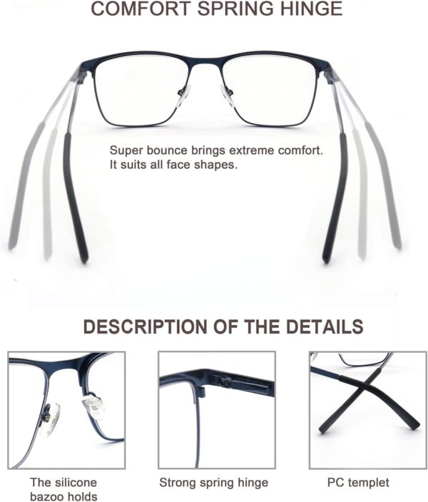 MODFANS Un Pack de 3 Gafas de Lectura Hombres Anti Luz Azul,Rectangular Metal Acero Inoxidable - Lente Clara,Vision Clara - Ligeras Comodas,Colores Gris Marron Azul - Image 5
