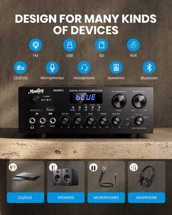 Moukey Receptor de Amplificador de Audio Estéreo de 2 Canales, Bluetooth Amplificador Audio 200W con USB, SD, AUX, RCA, Mic in con Echo, Radio, LED para Casa Altavoz, MAMP1 - Image 2