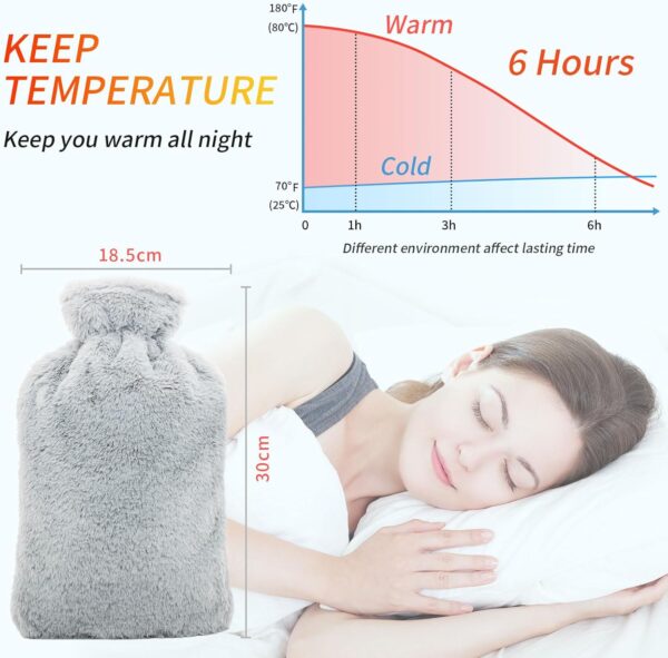 TOHDNC Bolsa de Agua Caliente de 2L, Grande Botella Agua Caliente para Cama con Desmontable y Lavable Suave Funda Botellas Goma Hot Water Bottle para Calentar Manos o Alivio del Dolor (Gris Claro) - Image 3