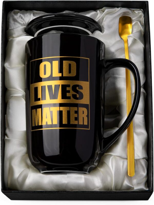 Divertidos regalos de cumpleaños, jubilación, Navidad para personas mayores, taza de café impresa con oro, taza de café esmaltada de metal para personas mayores, papá, abuelo, taza grande de cerámica