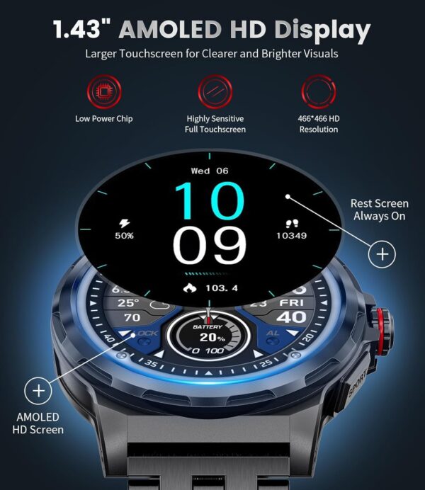 ESFOE Smartwatch Hombre Militar con Llamadas Bluetooth, IP68 Impermeable Smartwatch con 129+ Modos Deportivos/SpO2/Pulsómetro/Monitor de Sueño,Reproducir Música,Reloj Inteligente Hombre iOS Android - Image 4