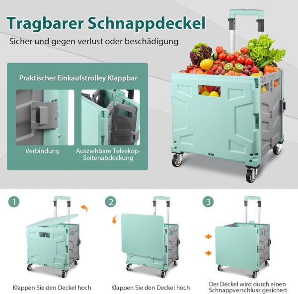 Carro de la compra plegable, carrito de transporte, hasta 50 kg, caja de 50 l, cesta de la compra con tapa, mango extensible de aluminio, 4 ruedas de goma giratorias 360°, 100x41x35 cm, verde y gris - Image 3