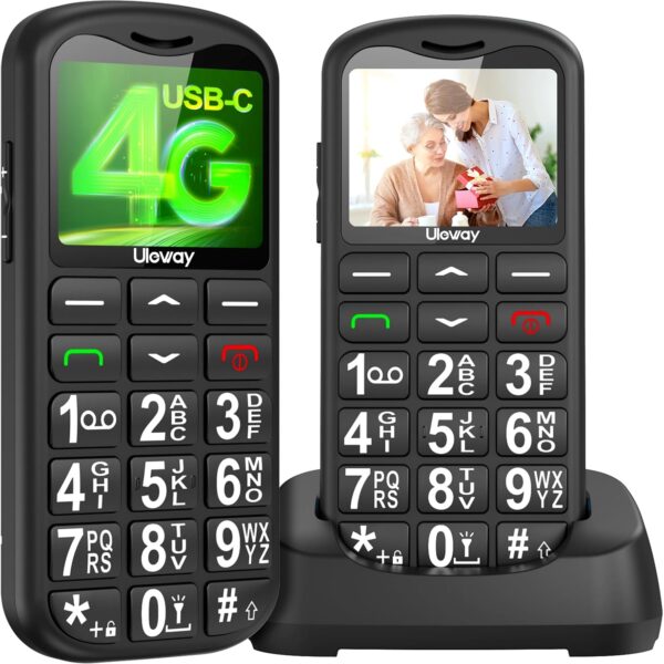 uleway 4G Teléfono Móvil para Personas Mayores, Senior Moviles de Teclas Grandes con Base de Carga, Botón SOS, USB-C, Llamada Rápida, Fácil de Usar Celular para Ancianos, Sistema Sencillo (Negro)