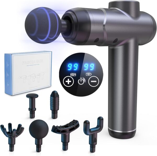 Pistola de Masaje muscular,Pistola de Masaje,Masajeador de 6 velocidades, Masajeador Muscular Profundo de 10mm con 4 Cabezales de Masaje y Pantalla Táctil LED Para Relajación Muscular (plata) - Image 8