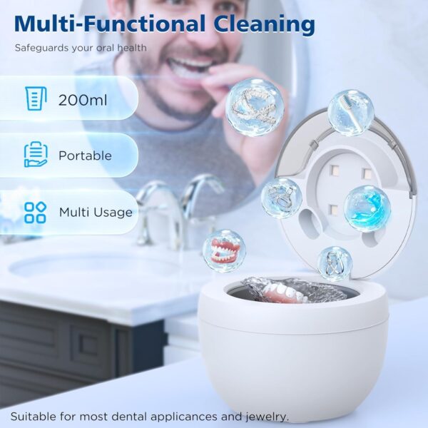 Binlingdaily Máquina limpiadora ultrasónica de retención de 45 kHz, limpiador de dentaduras postizas de 200 ml, 4 modos con temporizador digital, limpiador bucal para alineador, protector nocturno, - Image 5
