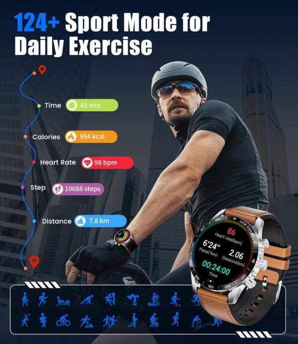 LIGE Reloj Inteligente Hombre, 1.43'' AMOLED Smartwatch Hombre, Llamadas y Asistente Voz, 2 Correas, 15 días de duración de la batería, 124 Deportes Modo Reloj Deportivo para Android iOS, Marrón - Image 5