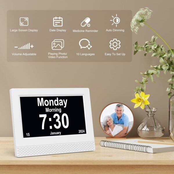 SENXINGYAN 7" LCD Reloj Digital Calendario con Fecha, Calendario Reloj con Fecha, día y Hora | Reloj Alzheimer | Reloj para Adultos Mayores, Es un Regalo para Los Padres (Negro) - Image 2