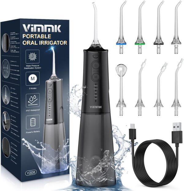 Irrigador Bucal Portatil, Vimmk Irrigador Dental Inalámbrico Profesional 8 Boquillas 5 Modos, IPX7 Impermeable 300ML USB-C Recargable Para Limpieza Dientes, Para el Hogar y los Viajes (Negro)