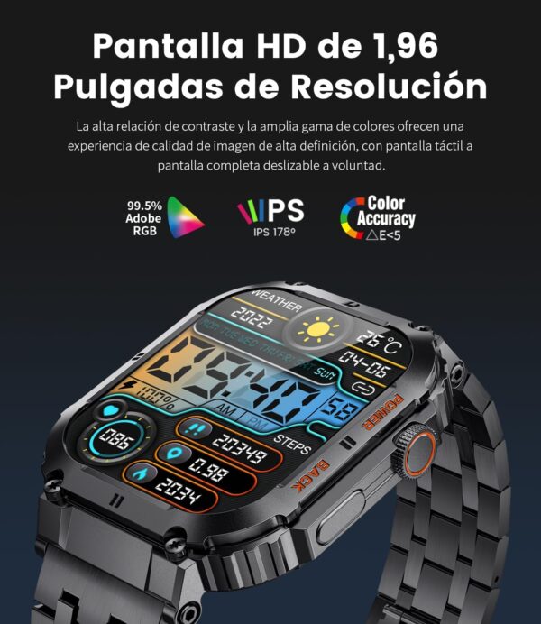 ESFOE Reloj Inteligente Hombre(3 Correas), 1.96'' 400mAh Smartwatch Hombre con Llamada Bluetooth,IP68 Impermeable,Cuerpo Metálico de Acero Inoxidable,100+Deportes Militar Smart Watch para Android iOS - Image 3