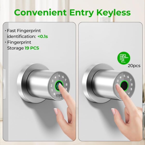 FITNATE 4 en 1 Smart Fingerprint Door Lock - Desbloqueo por huella dactilar, desbloqueo por contraseña, control por aplicación, llave de emergencia, apto para oficina, hogar y hotel, plateado - Image 4