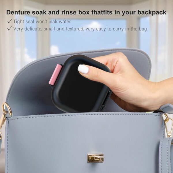 BVN Caja de prótesis a prueba de fugas, caja de dentaduras con colador, caja portátil para prótesis dentales, para todas las edades, dentaduras y aparatos ortopédicos (negro + rosa). - Image 4