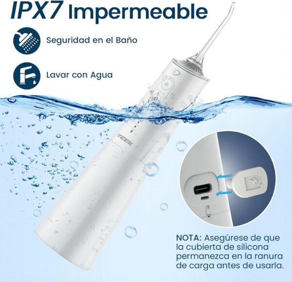 Irrigador Bucal Portatil, Vimmk Irrigador Dental Inalámbrico Profesional 8 Boquillas 5 Modos, IPX7 Impermeable 300ML USB-C Recargable Para Limpieza Dientes, Para el Hogar y los Viajes (Blanco) - Image 4