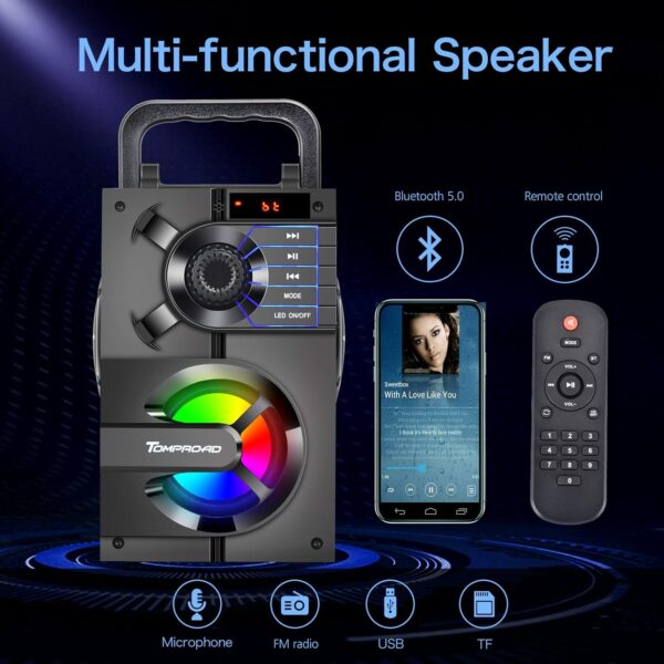 TOMPROAD Altavoz Bluetooth, portátil, caja Bluetooth con subwoofer, inalámbrico, sonido estéreo rico, altavoz para fiestas, radio FM, mando a distancia, luces LED (negro) - Image 2