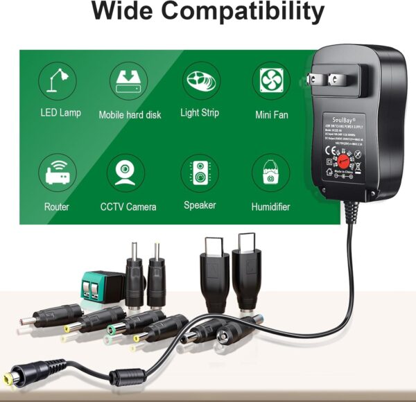 SoulBay 48W Fuente de alimentación Universal de 5V, 6V, 7,5V, 9V, 12V, 15V, 19V, Cargador Adaptador de CA a CC con 11 Puntas de CC, Incluye Enchufe USB de 5V, 1A, 4000mA máx. - Image 4