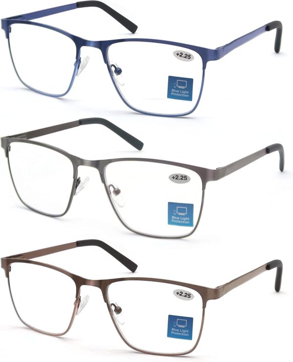 MODFANS Un Pack de 3 Gafas de Lectura Hombres Anti Luz Azul,Rectangular Metal Acero Inoxidable - Lente Clara,Vision Clara - Ligeras Comodas,Colores Gris Marron Azul