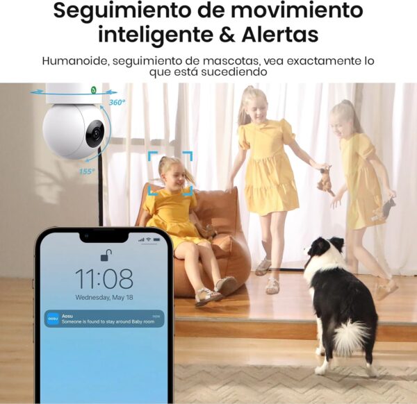 AOSU 2K Camara Vigilancia WiFi Interior 360°, Nocturna HD de 10 m, WiFi 5G/2.4 GHz, Detección Humana AI, Audio Bidireccional, Llamada de un Toque, para Bebé/Mascotas, Compatible con Alexa - Image 3