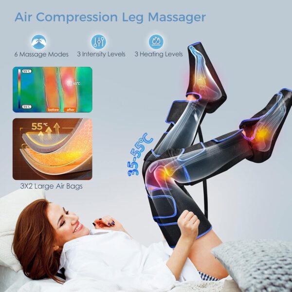 RINRI Masajeador de piernas de calor de rodilla, masajeador de compresión de aire de piernas, masajeador de pie de rodilla del muslo de la ternera, 6 modos, 3 intensidades, 3 niveles de temperatura - Image 6