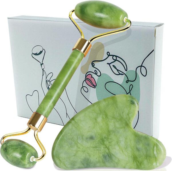 Gua Sha + Rodillo Facial Jade + Guía de Uso – 100% Natural – Masajeador Facial – Antiarrugas – Masajeador Ojos – Rodillo Masaje Relajante y Reafirmante (Set Jade)