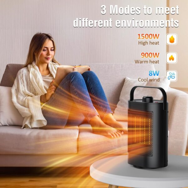 YAZEKY Calefactor Electrico,1500W Mini PTC Calentador de Ventilador de Cerámica Eléctrico,Ahorro de energía, Silencioso,3 Modos,Múltiples Protecciones-Adecuado para Oficina,Sala de Estar,Dormitorio - Image 3