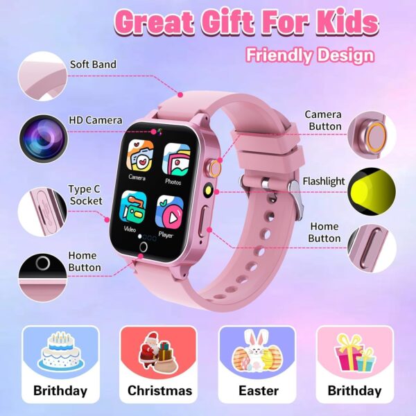 Ruopoem Reloj Inteligente Niño, Smartwatch Niños con 26 Juegos Cámara Música Vídeo Podómetro Audiolibro Despertador HD Pantalla Táctil, Reloj Niño Juguetes Regalos para Niños Niñas 4-12 - Image 7
