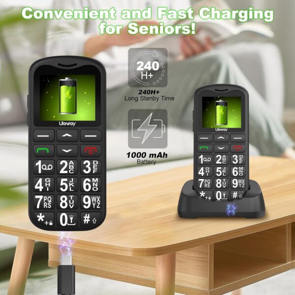 uleway 4G Teléfono Móvil para Personas Mayores, Senior Moviles de Teclas Grandes con Base de Carga, Botón SOS, USB-C, Llamada Rápida, Fácil de Usar Celular para Ancianos, Sistema Sencillo (Negro) - Image 4