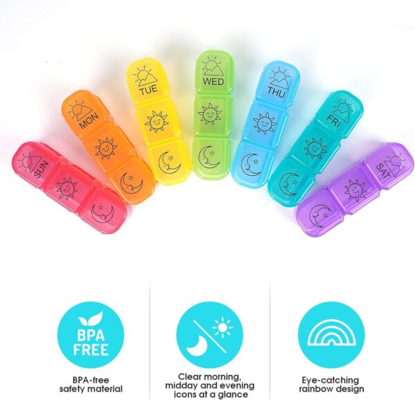 Plástico Dosificador de Comprimidos, 21 Cuadros Gran Capacidad Pastilleros Mensuales, Compartimentado Pastillero Semanal 3 Tomas, Colores Del Arco Iris Pastilleros Semanales con Etiqueta Grande - Image 3