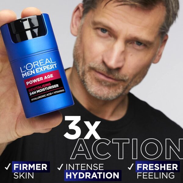 L'Oréal Crema hidratante para hombre, Antiarrugas y antienvejecimiento, Con ácido hialurónico hidratante para el envejecimiento, Para pieles secas y apagadas, Men Expert Power Age, 100ml - Image 4
