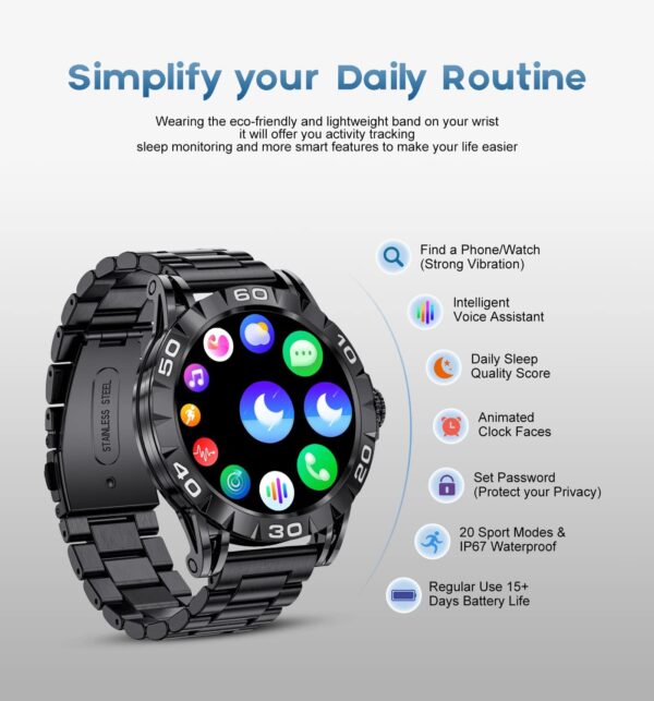 LIGE Reloj Inteligente para Hombres, Pantalla táctil de 1,32 Pulgadas, Rastreador de Fitness con presión Arterial/frecuencia cardíaca, IP67 Impermeable, Podómetro Smartwatch para Android iOS, Negro - Image 5