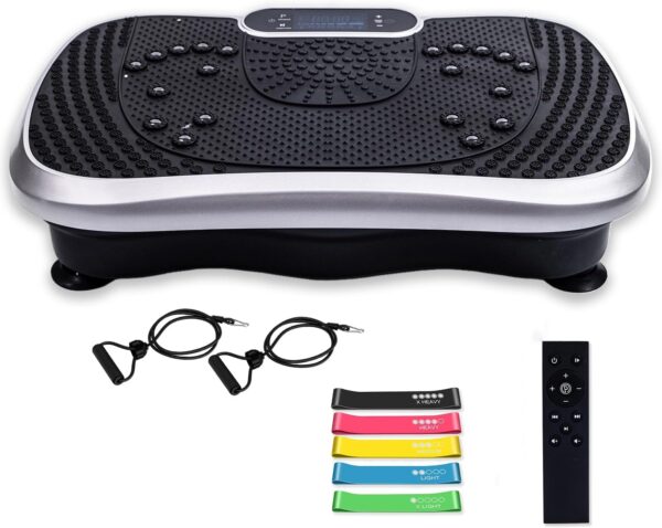 WeightWorld Plataforma Vibratoria - 99 Velocidades, Masajeador, Altavoz Bluetooth y Bandas Elásticas | Plataforma Vibración Muscular para Hacer Ejercicio en Casa con Mando a Distancia y 5 Programas