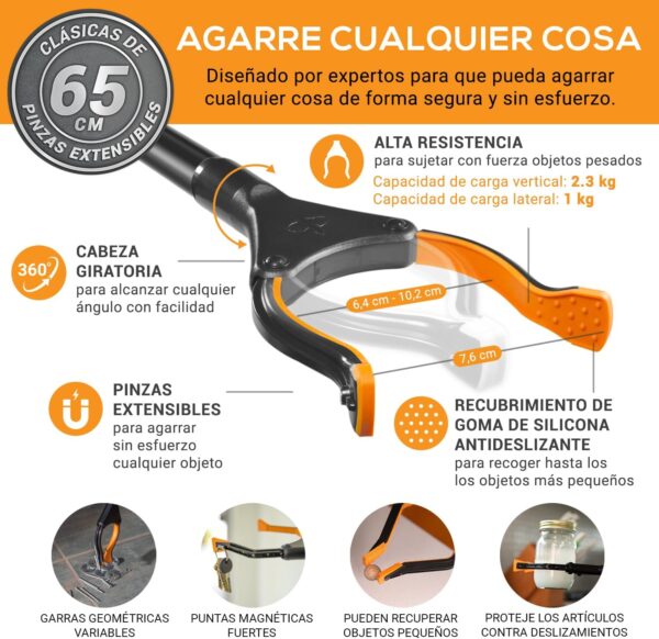 EZPIK® Pinzas Recoge Objetos Pequeñas 66 cm - Pinzas Extensibles para Personas Mayores - Palo Recogedor Pinza para Minusválidos y Ancianos - Pinza Recoger Basura [Color Negro, Pack 1] - Image 3
