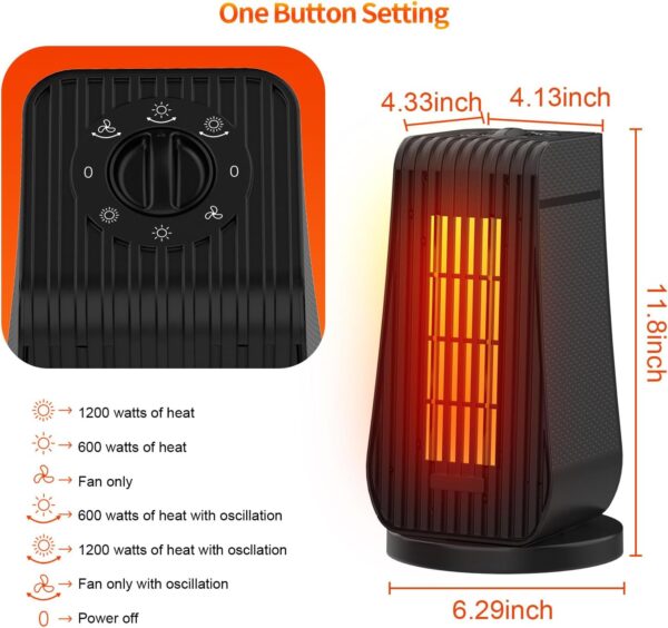 Qoosea Calefactor Eléctrico Calefactor Bajo Consumo 1200W Radiador Electrico Bajo Consumo Baño de Aire 3 Configuraciones Calor Modo Protección Contra Sobrecalentamiento para Oficina Hogar(Negro) - Image 3