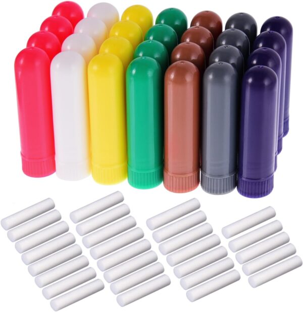 28 Sets Inhalador Nasal de Plástico Tubo de Aceites Esenciales Rellenable Palillos de Inhalador, 7 Colores, con Mechas